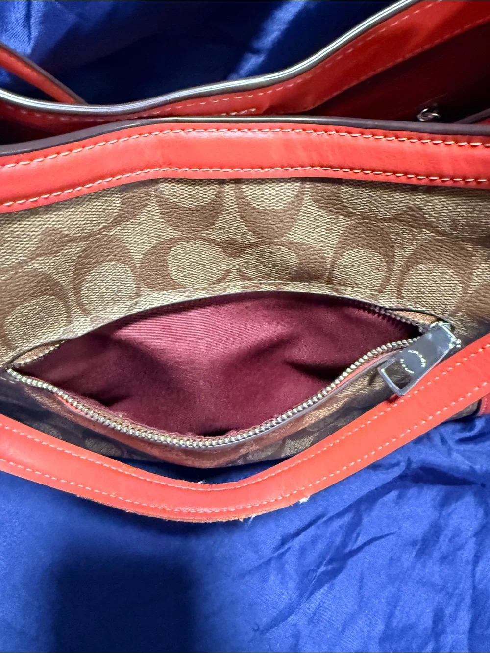Coach Signature Canvas Hobo Bag in Tan with Red Trim